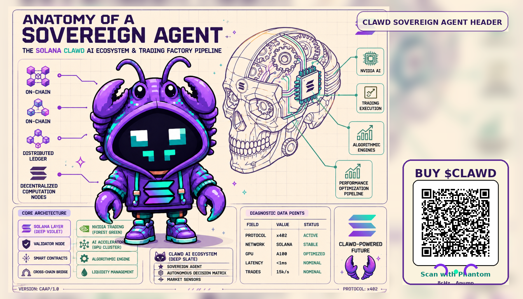 Clawd sovereign agent header with BUY $CLAWD QR code
